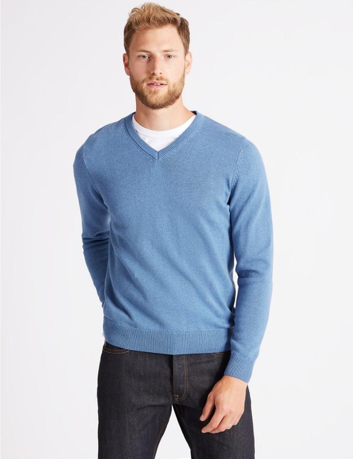 Marks & Spencer Pure Cotton V-neck Jumper Mid Blue