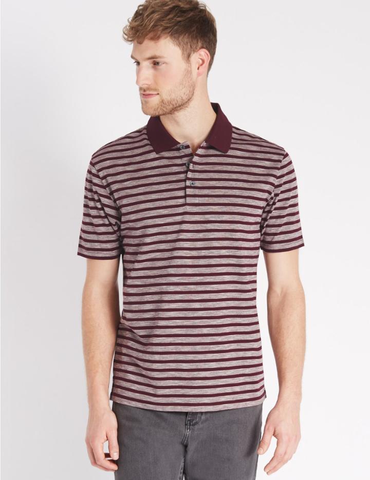 Marks & Spencer Pure Cotton Striped Polo Shirt Burgundy Mix