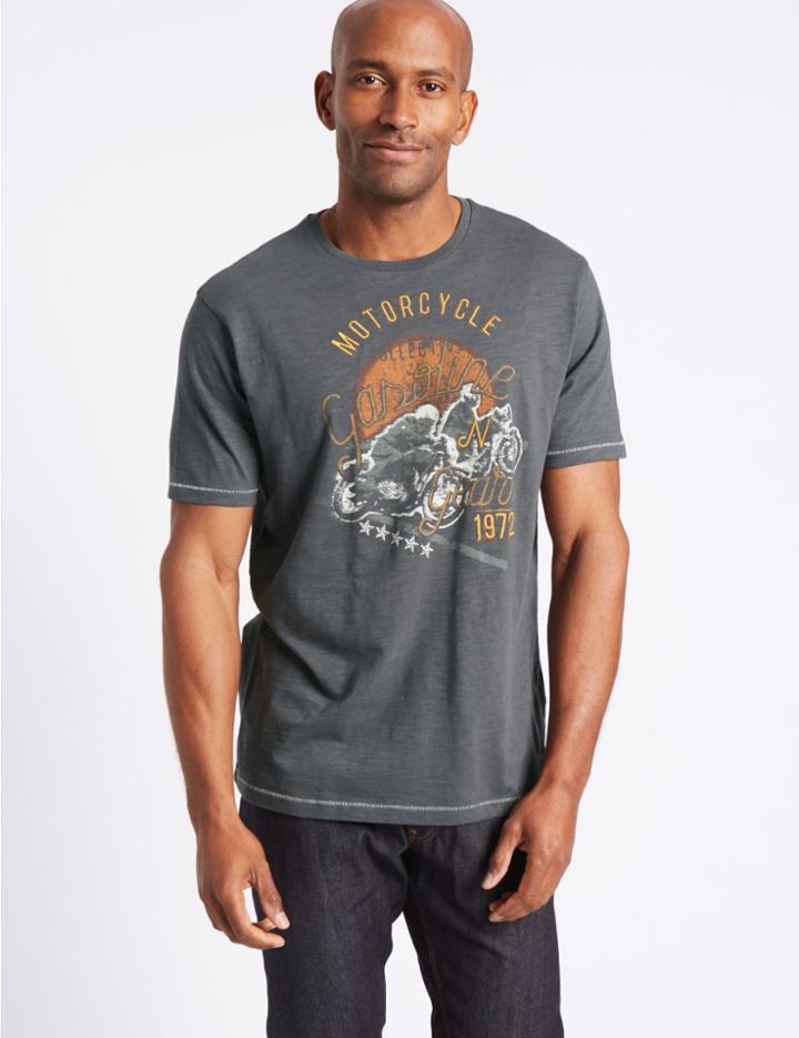 Marks & Spencer Pure Cotton Printed Crew Neck T-shirt Dark Grey