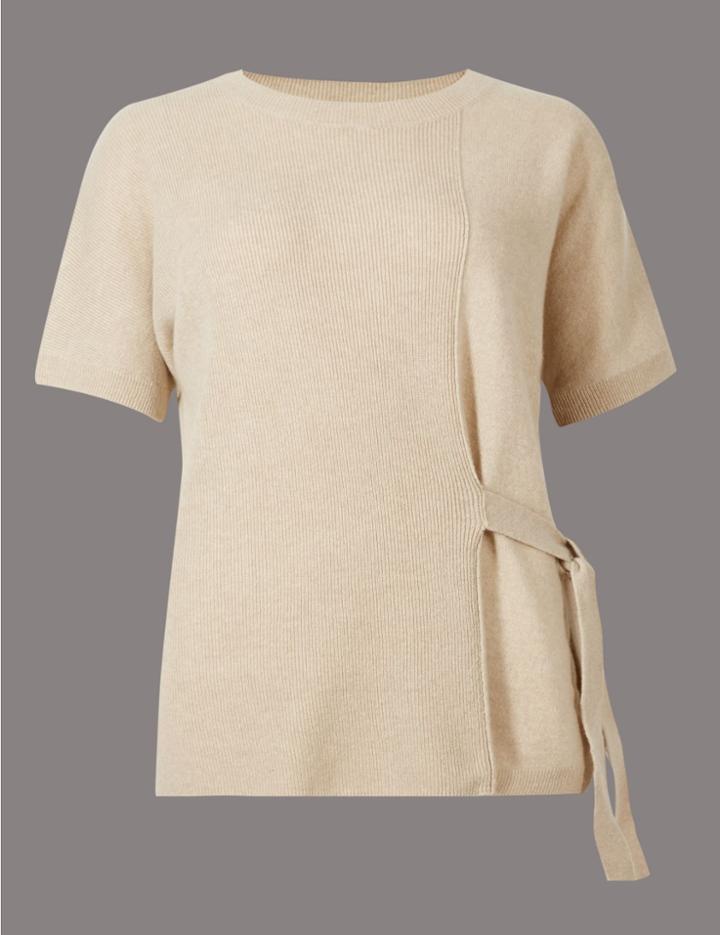Marks & Spencer Pure Cashmere Side Tie Short Sleeve Jumper Dark Camel