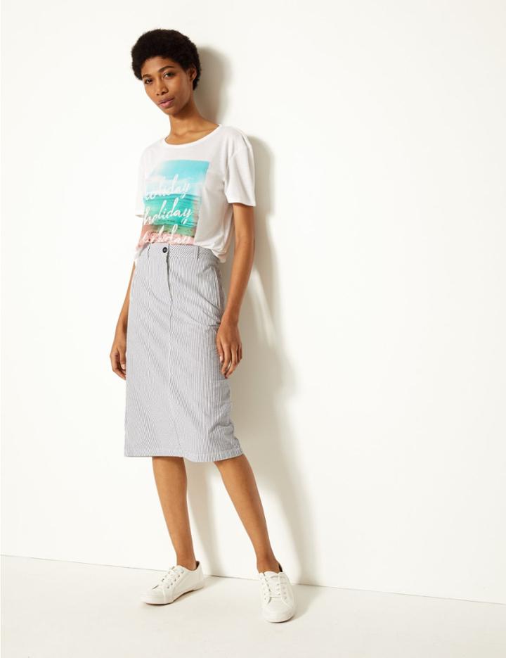 Marks & Spencer Pure Cotton Striped A-line Midi Skirt Navy Mix