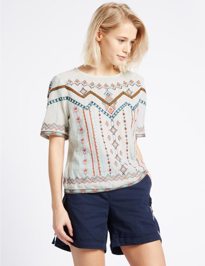 Marks & Spencer Pure Cotton Embroidered Shell Top Peach Mix