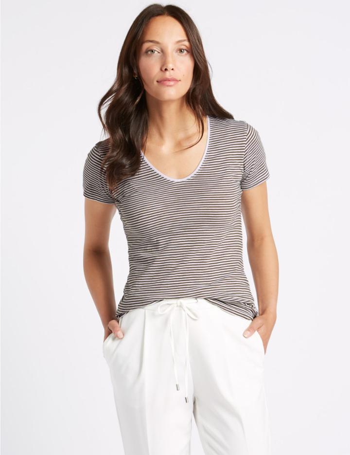 Marks & Spencer Pure Cotton Striped Short Sleeve T-shirt Green Mix