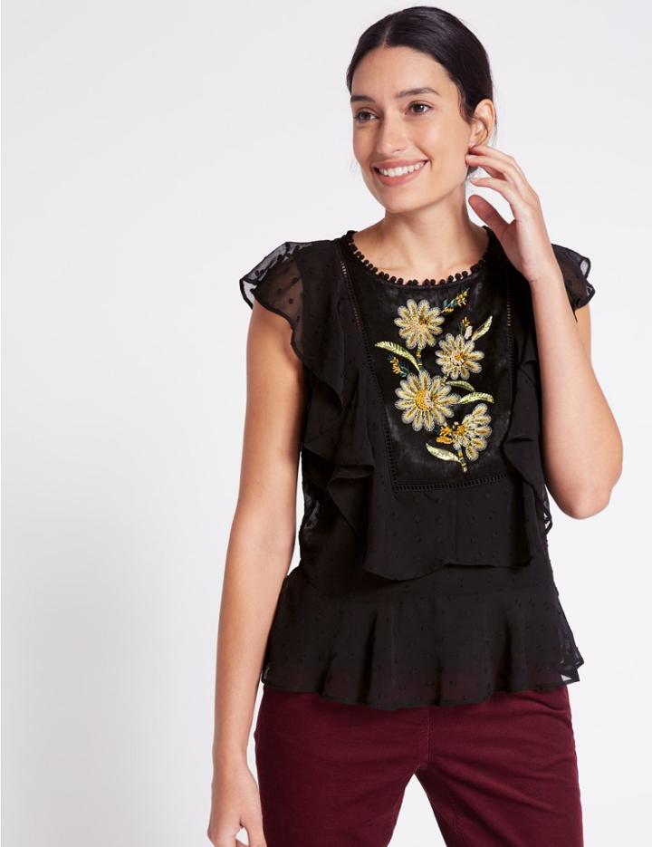 Marks & Spencer Embroidered Ruffle Round Neck Blouse Black Mix