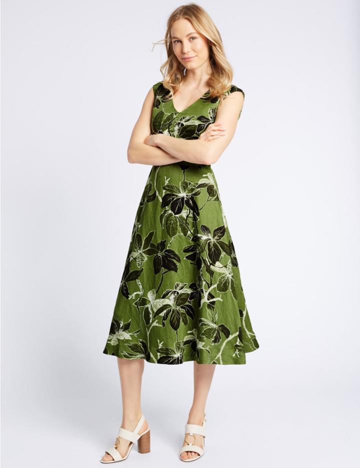 Marks & Spencer Linen Rich Printed Skater Midi Dress Green Mix