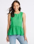 Marks & Spencer Cotton Rich Broderie Round Neck Blouse Bright Green
