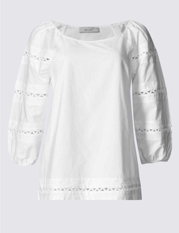 Marks & Spencer Pure Cotton Embroidered 3/4 Sleeve Blouse Ivory