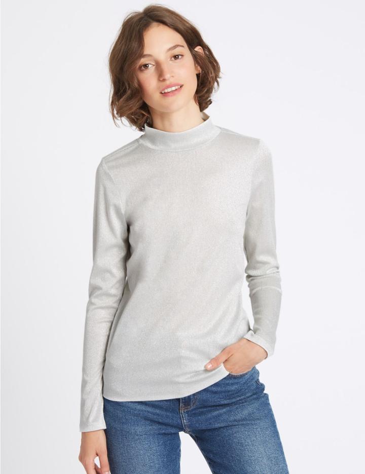 Marks & Spencer Funnel Neck Long Sleeve T-shirt Silver