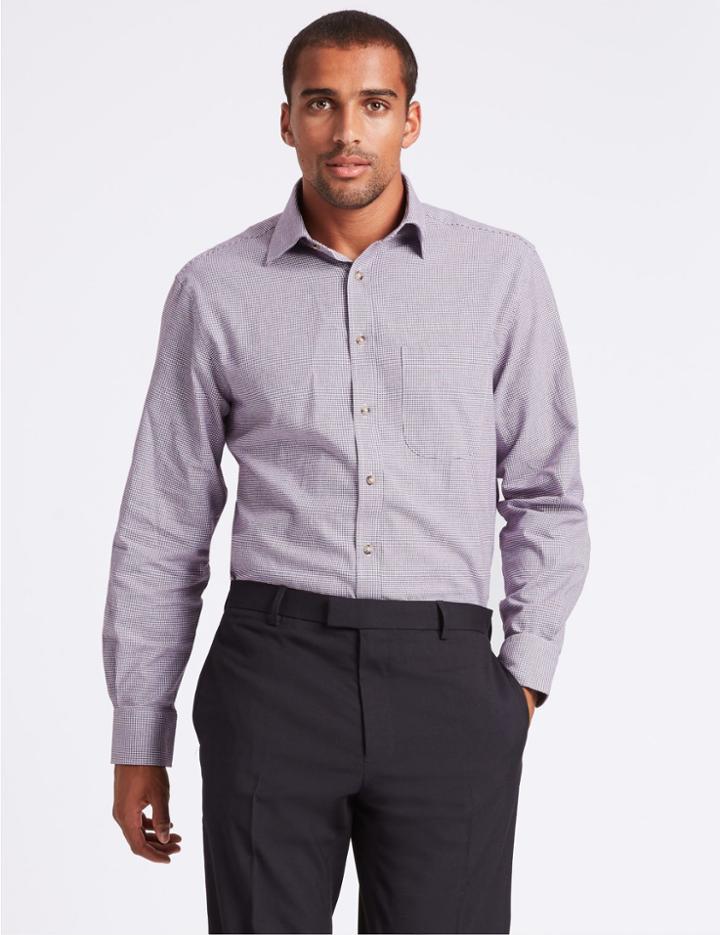 Marks & Spencer Pure Cotton Regular Fit Shirt With Pocket Dark Red Mix