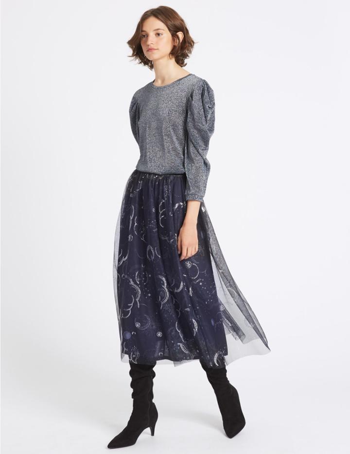 Marks & Spencer Printed A-line Midi Skirt Navy Mix