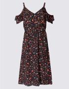 Marks & Spencer Petite Floral Print Ruffle Swing Midi Dress Black Mix