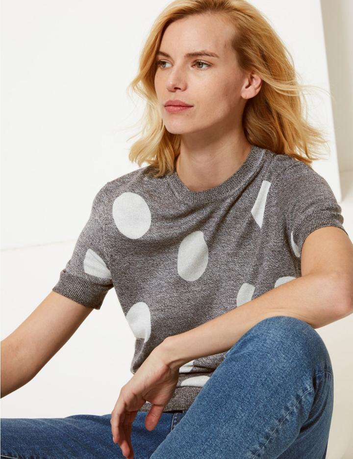 Marks & Spencer Polka Dot Round Neck Short Sleeve Jumper Grey Mix