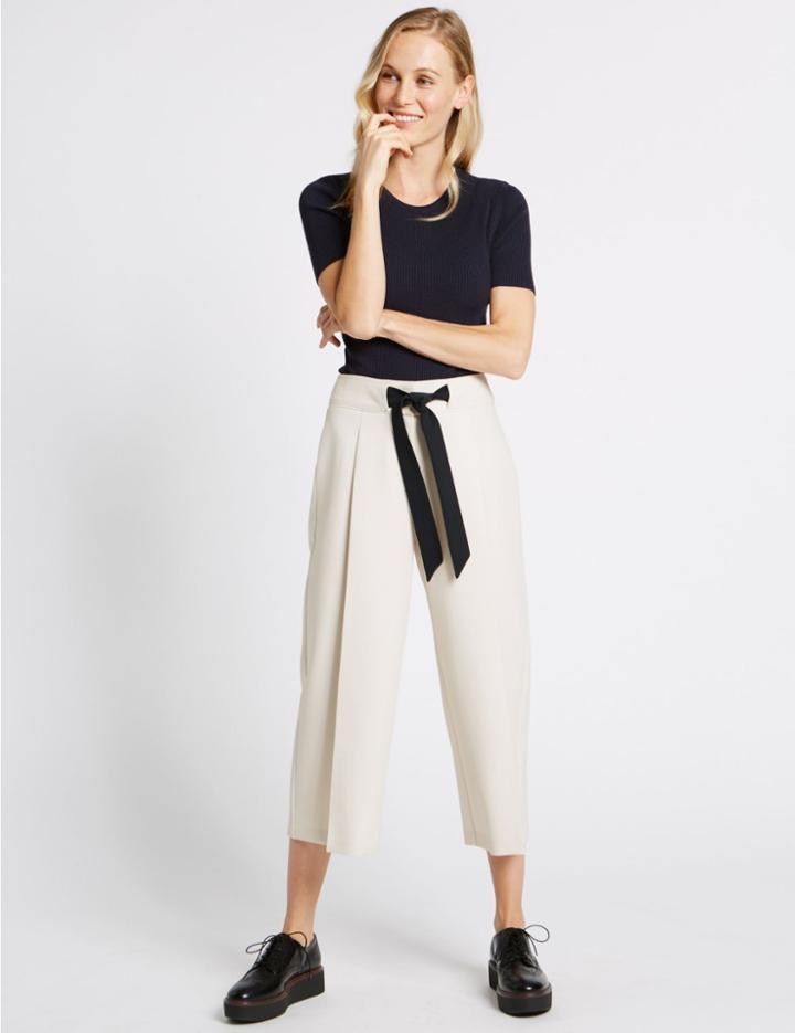 Marks & Spencer Contrast Tie Waist Cropped Culottes Beige Mix