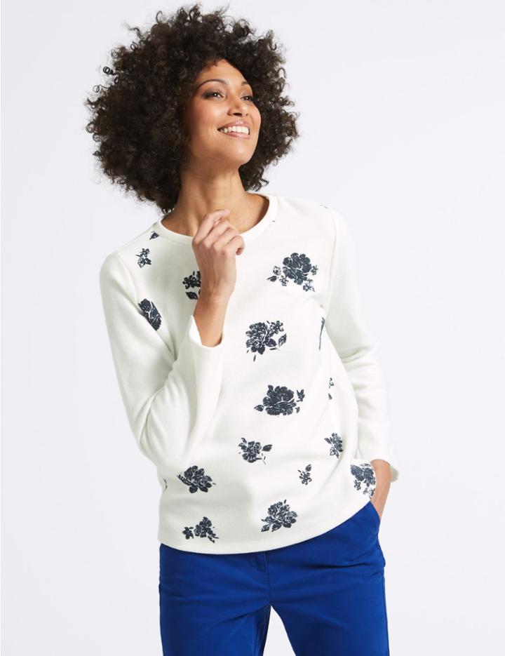 Marks & Spencer Cotton Blend Floral Print Sweatshirt Ivory Mix