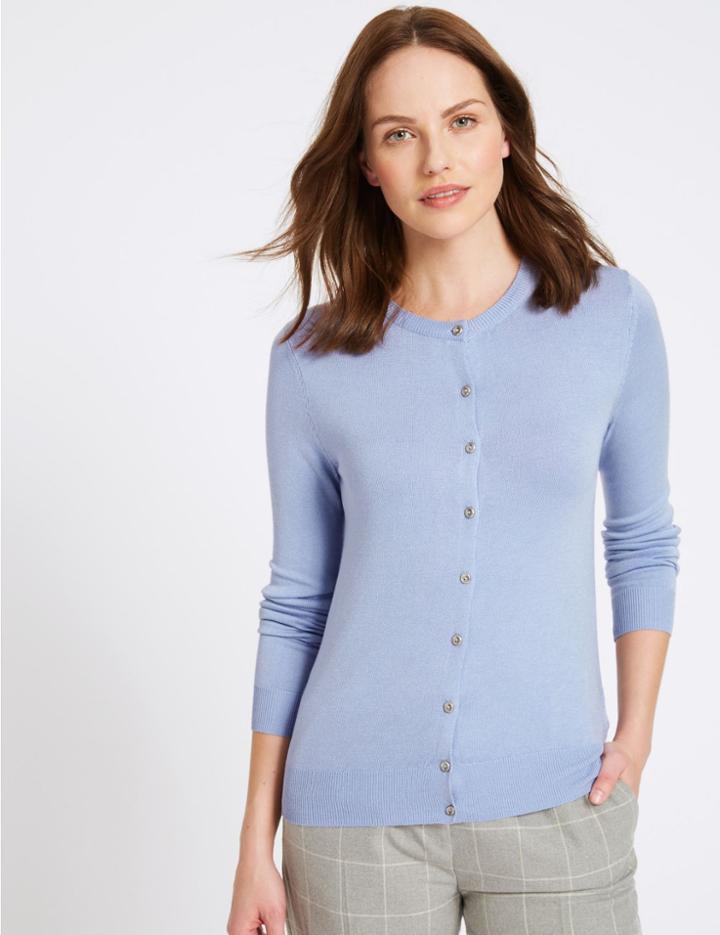 Marks & Spencer Long Sleeve Round Neck Cardigan Bluebell