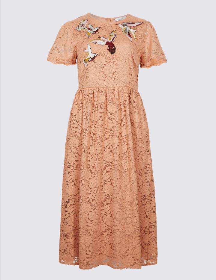 Marks & Spencer Bird Embroidered Lace Shift Midi Dress Pink