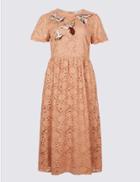 Marks & Spencer Bird Embroidered Lace Shift Midi Dress Pink