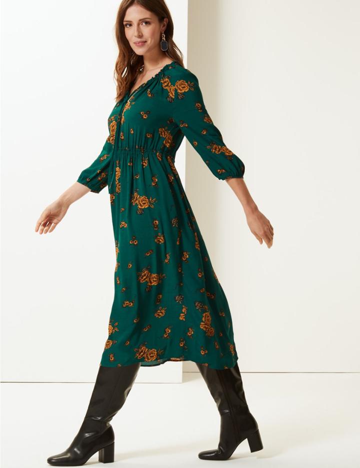 Marks & Spencer Floral Print Tea Midi Dress Green Mix
