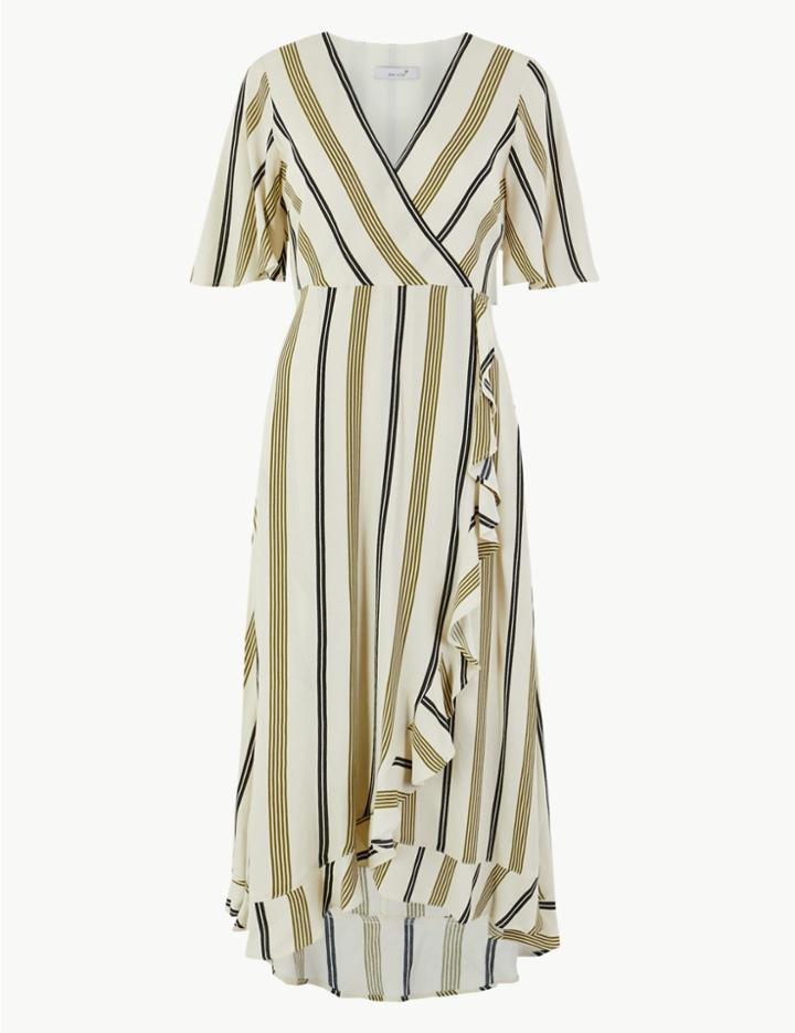 Marks & Spencer Striped Wrap Midi Dress Ivory Mix