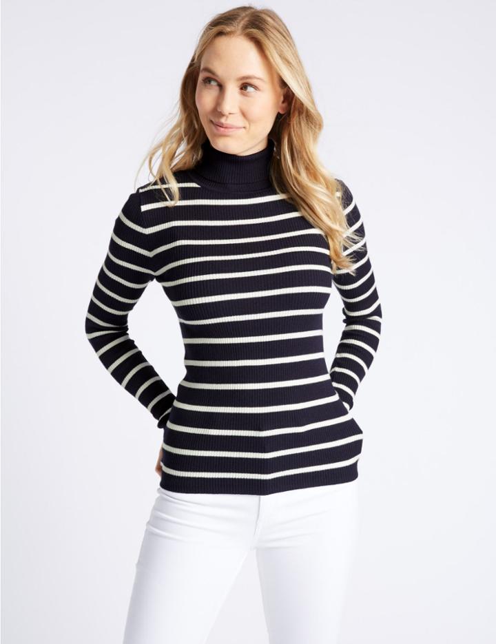 Marks & Spencer Striped Roll Neck Jumper Navy Mix