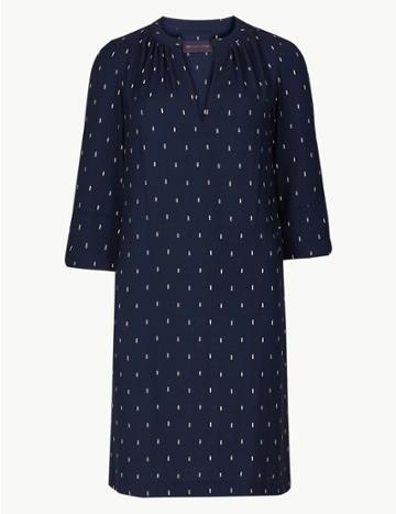 Marks & Spencer Petite Printed 3/4 Sleeve Shift Dress Navy Mix