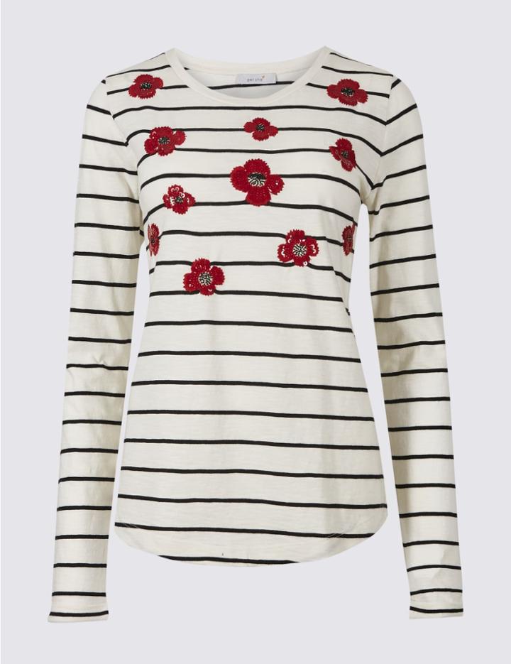 Marks & Spencer Pure Cotton Striped Embellished Top Ivory Mix