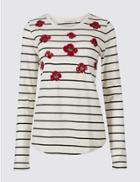 Marks & Spencer Pure Cotton Striped Embellished Top Ivory Mix
