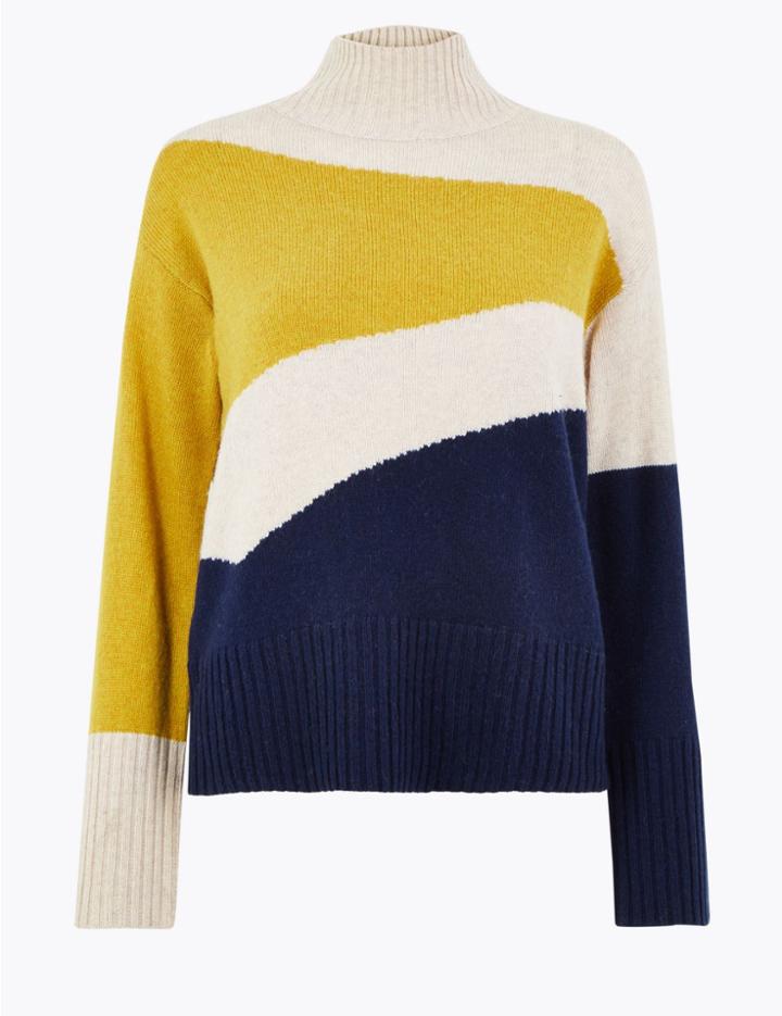 Marks & Spencer Colour Block Turtle Neck Jumper Ivory Mix