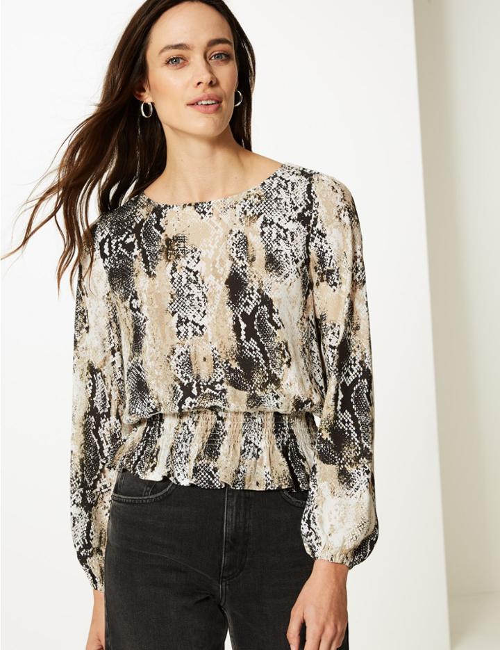 Marks & Spencer Animal Print Long Sleeve Blouse Ivory Mix