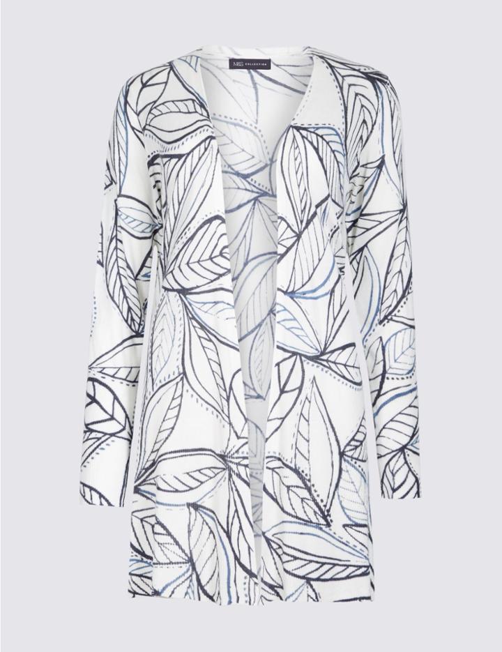 Marks & Spencer Leaf Print Long Sleeve Cardigan White Mix