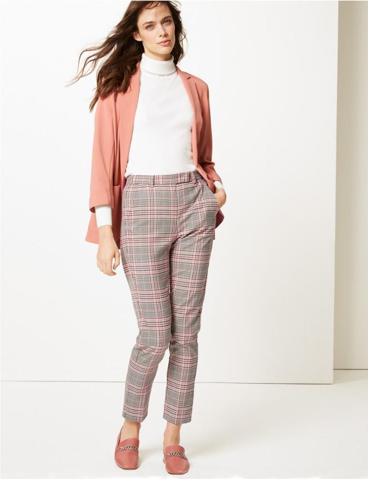 Marks & Spencer Checked Slim Leg Ankle Grazer Trousers Pink Mix