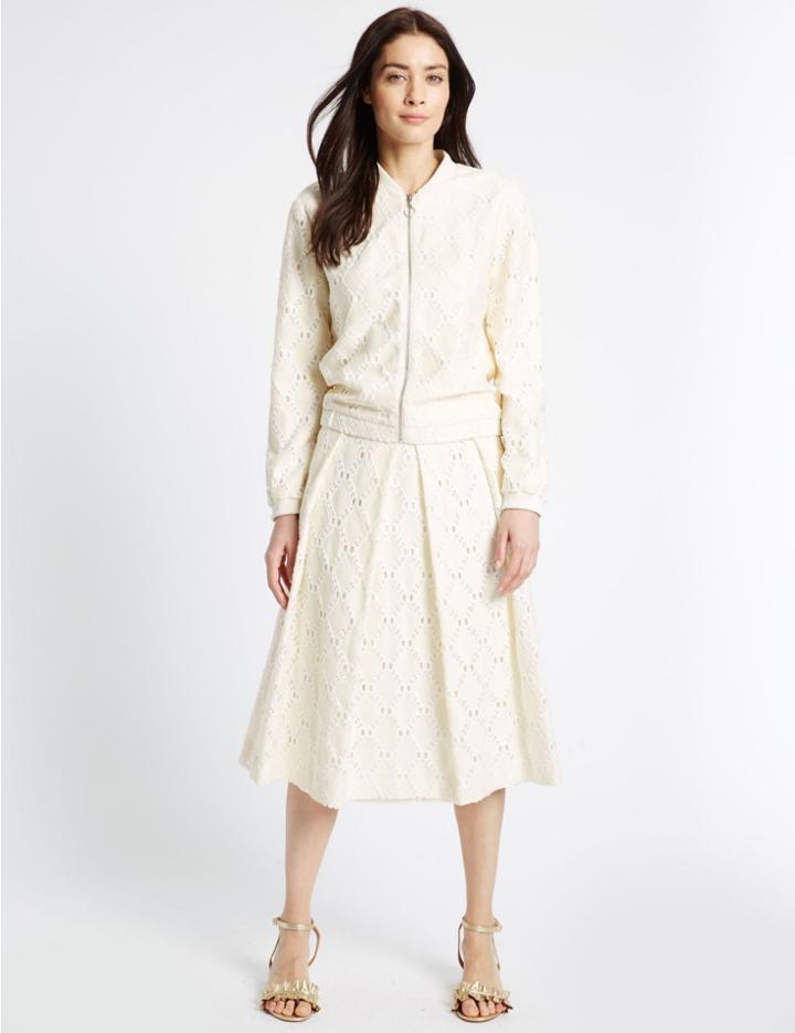 Marks & Spencer Cotton Blend Lace Pleated Skater Midi Skirt Cream Mix