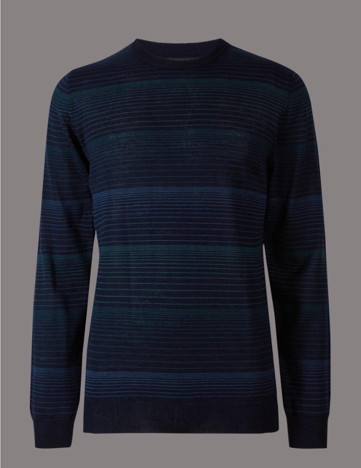 Marks & Spencer Merino Wool Blend Striped Slim Fit Jumper Navy Mix
