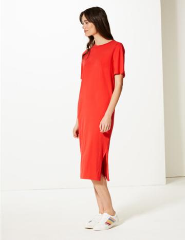 Marks & Spencer Pure Cotton Short Sleeve Shift Midi Dress Bright Red