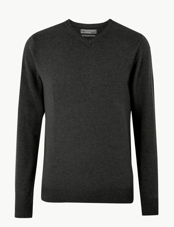 Marks & Spencer Pure Lambswool V-neck Jumper Charcoal