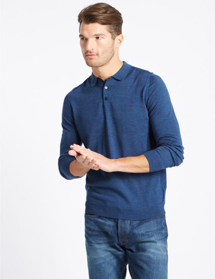 Marks & Spencer Pure Merino Wool Polo Shirt Denim