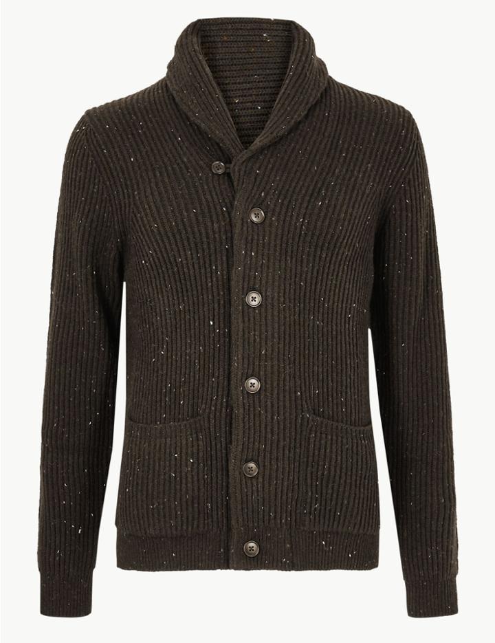 Marks & Spencer Shawl Neck Cardigan With Wool Khaki