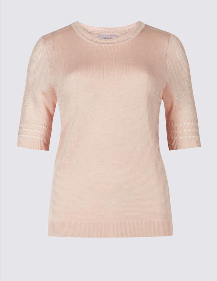 Marks & Spencer Textured Round Neck Half Sleeve Jumper Winter White