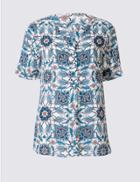 Marks & Spencer Floral Print Notch Neck Short Sleeve Blouse Turquoise Mix