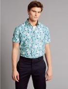 Marks & Spencer Pure Cotton Slim Fit Floral Shirt Wedgewood