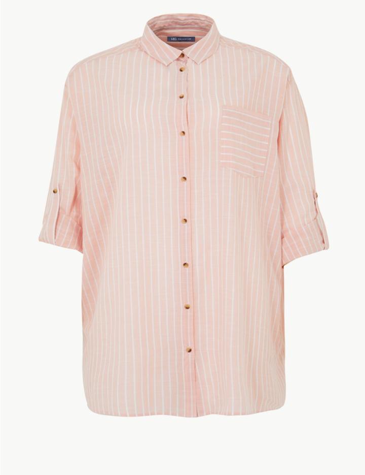 Marks & Spencer Curve Pure Cotton Striped Shirt Pale Pink