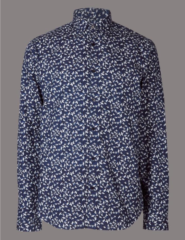 Marks & Spencer Pure Cotton Slim Fit Printed Shirt Medium Navy