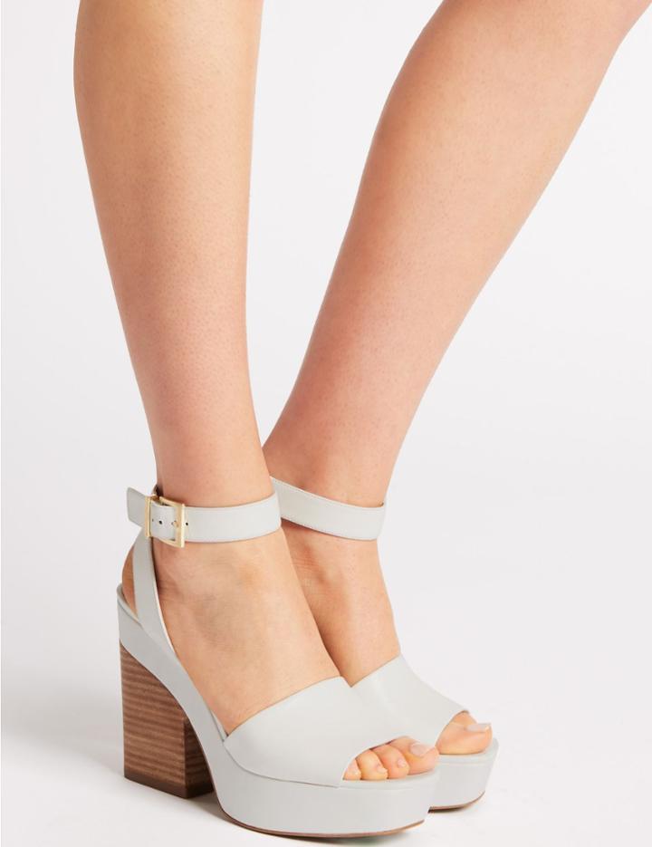 Marks & Spencer Leather Block Heel Two Part Sandals White