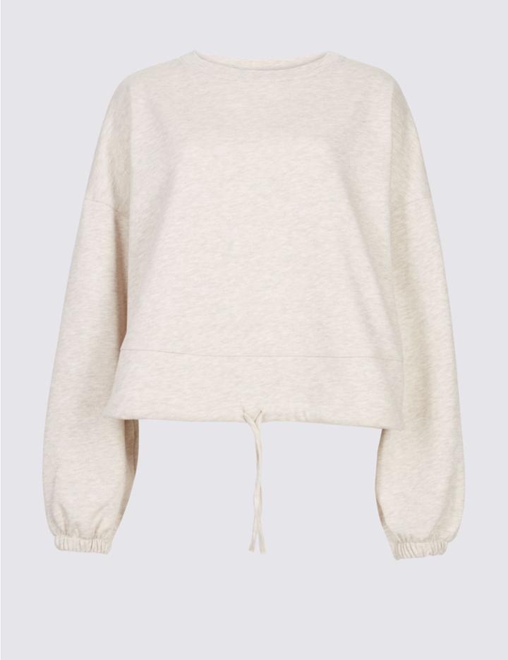 Marks & Spencer Cotton Blend Textured Cropped Sweatshirt Oatmeal