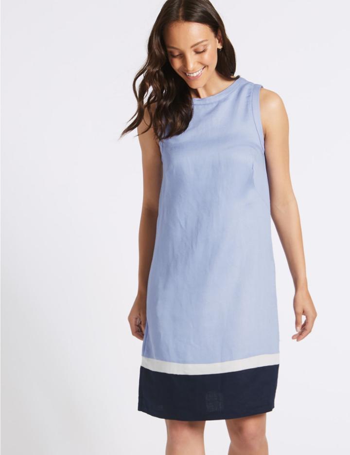 Marks & Spencer Linen Rich Colour Block Tunic Dress Light Blue Mix