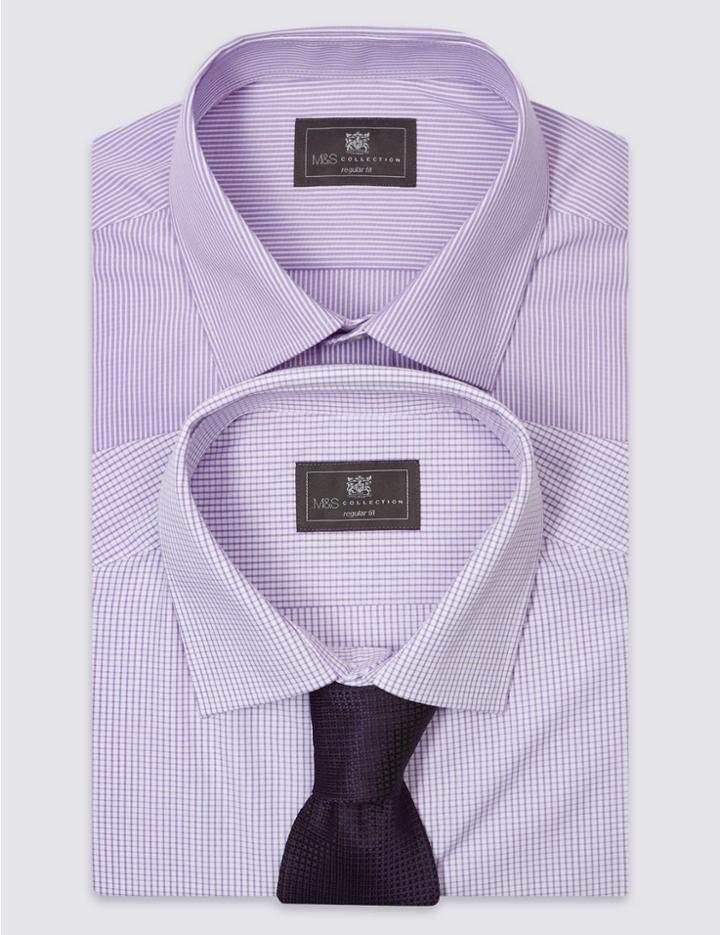Marks & Spencer 2 Pack Easy To Iron Shirts With Tie Lilac Mix