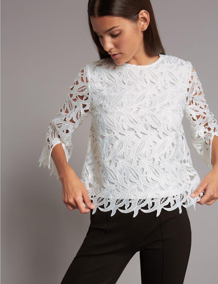 Marks & Spencer Lace Round Neck 3/4 Sleeve Shell Top Ivory