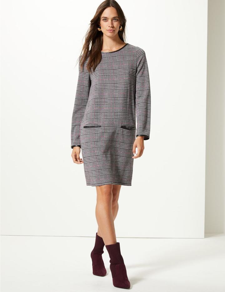 Marks & Spencer Checked Long Sleeve Shift Dress Black Mix