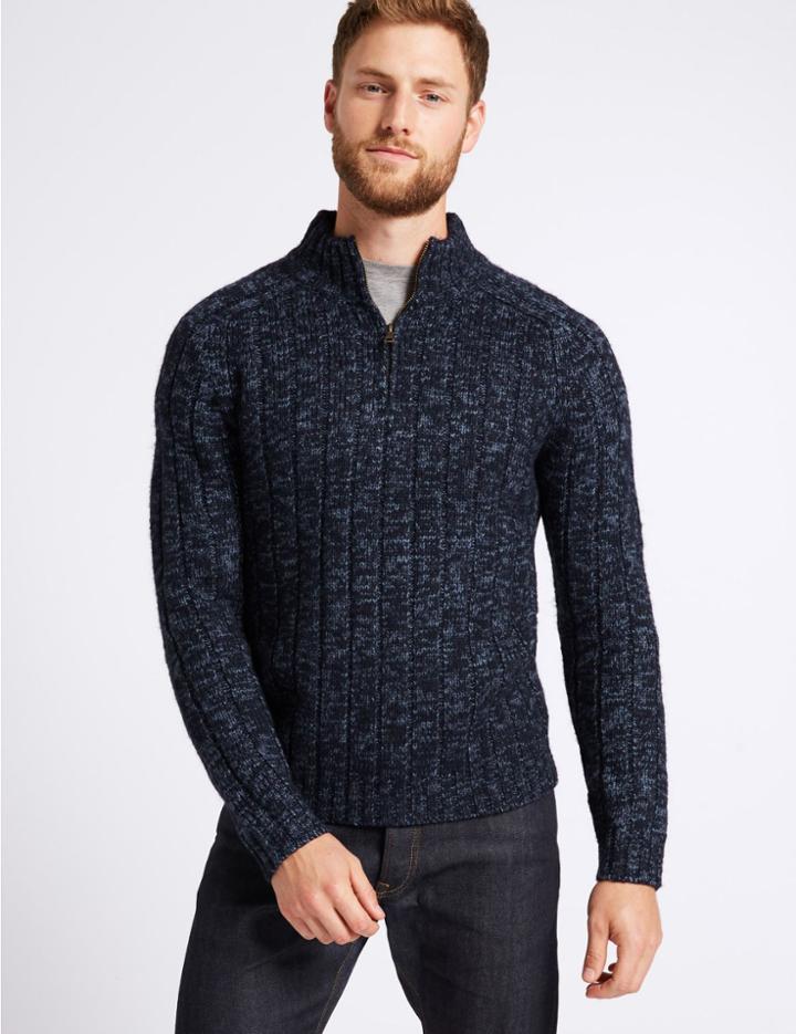 Marks & Spencer Textured Zip Neck Jumper With Wool Navy Mix