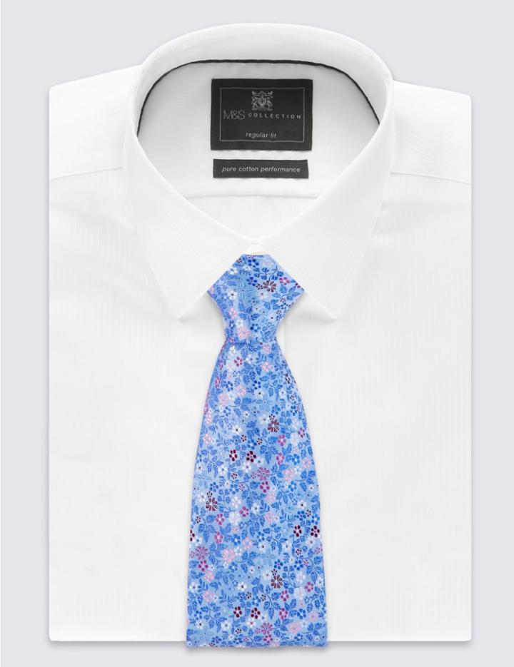Marks & Spencer Pure Silk Floral Print Tie Blue Mix